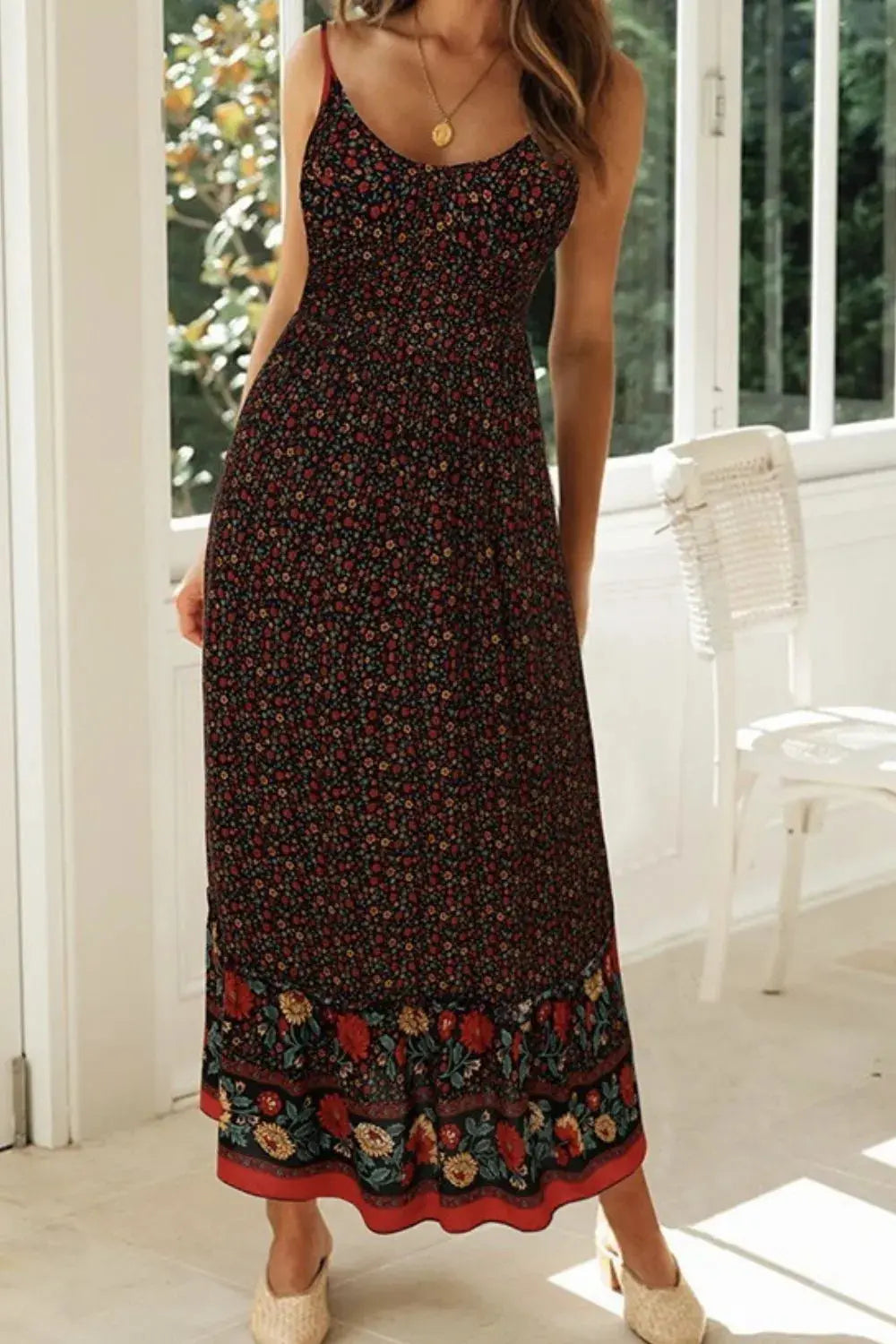 Made from 95% polyester and 5% elastane, it offers wrinkle resistance and breathable comfort. Though unlined, the fabric remains opaque, delivering style with assurance. Available in sizes S to L, the tailored fit—from bust to hem—flatters a range of shapes while keeping things light and airy. Adjustable straps and a cami neckline lend effortless versatility, making it a must-pack for travel and weekend wanderlust alike.