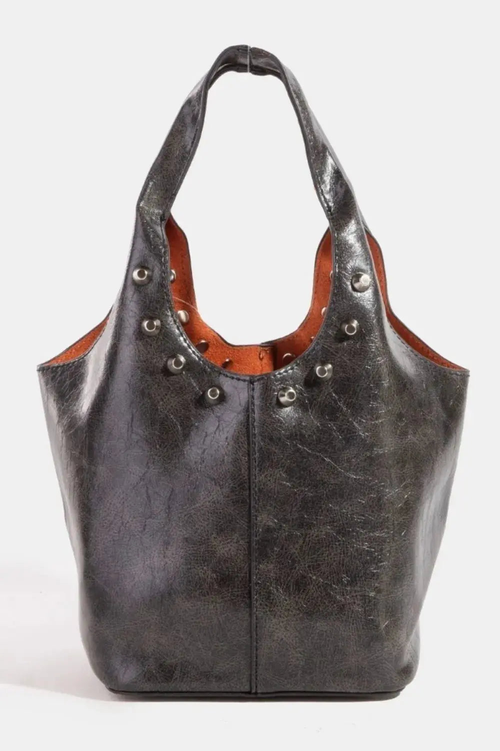 Black faux leather handbag with brown interior and decorative studs on a white background.