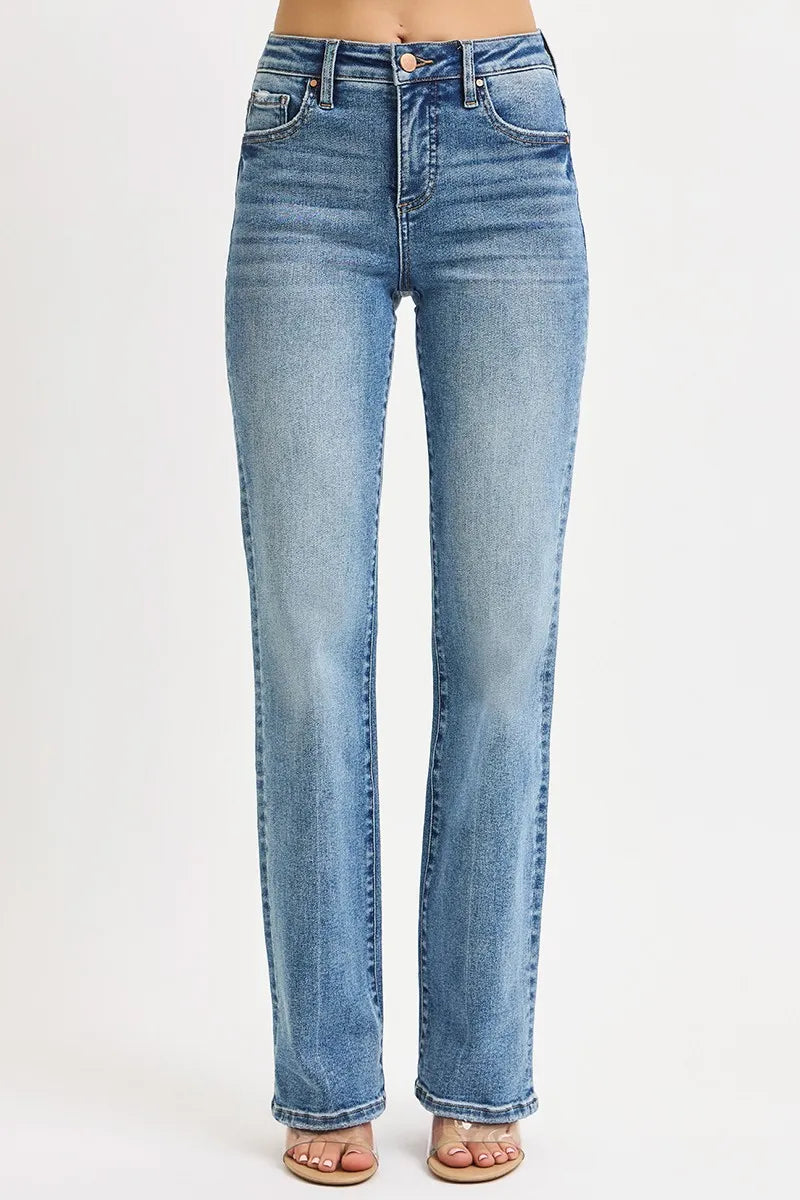 Light blue straight leg denim jeans on a white background