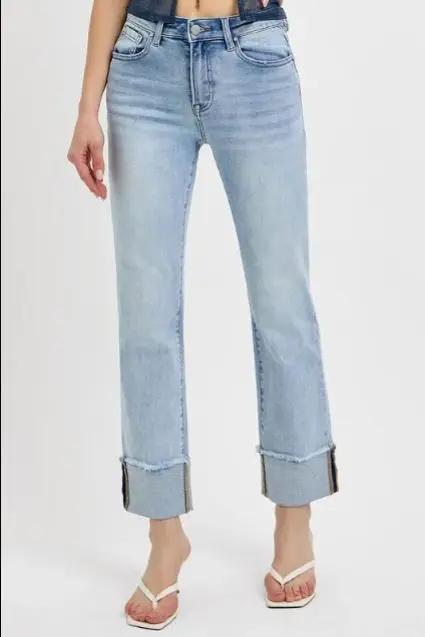 Light wash high rise cuffed jeans with relaxed straight leg fit — women’s boutique denim by Atlas by J&D.
