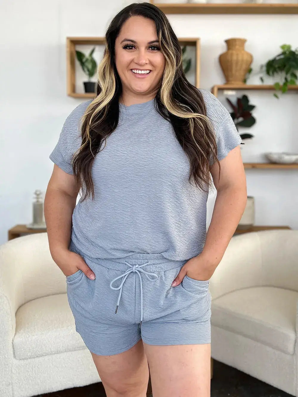 This full-size set from Double Take delivers effortless style with a tactile twist. The short sleeve T-shirt features a relaxed fit and subtle allover texture, offering a modern update to a classic silhouette. Its soft drape and breathable fabric make it ideal for warm-weather wear or layering on cooler days.