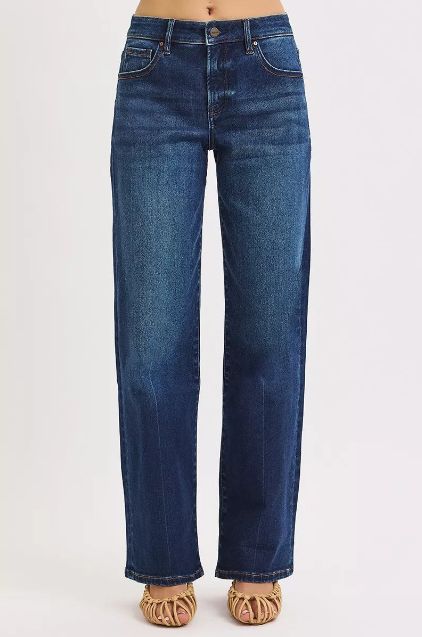 Risen high rise wide leg jeans shown from a full-body angle in a rich medium wash.