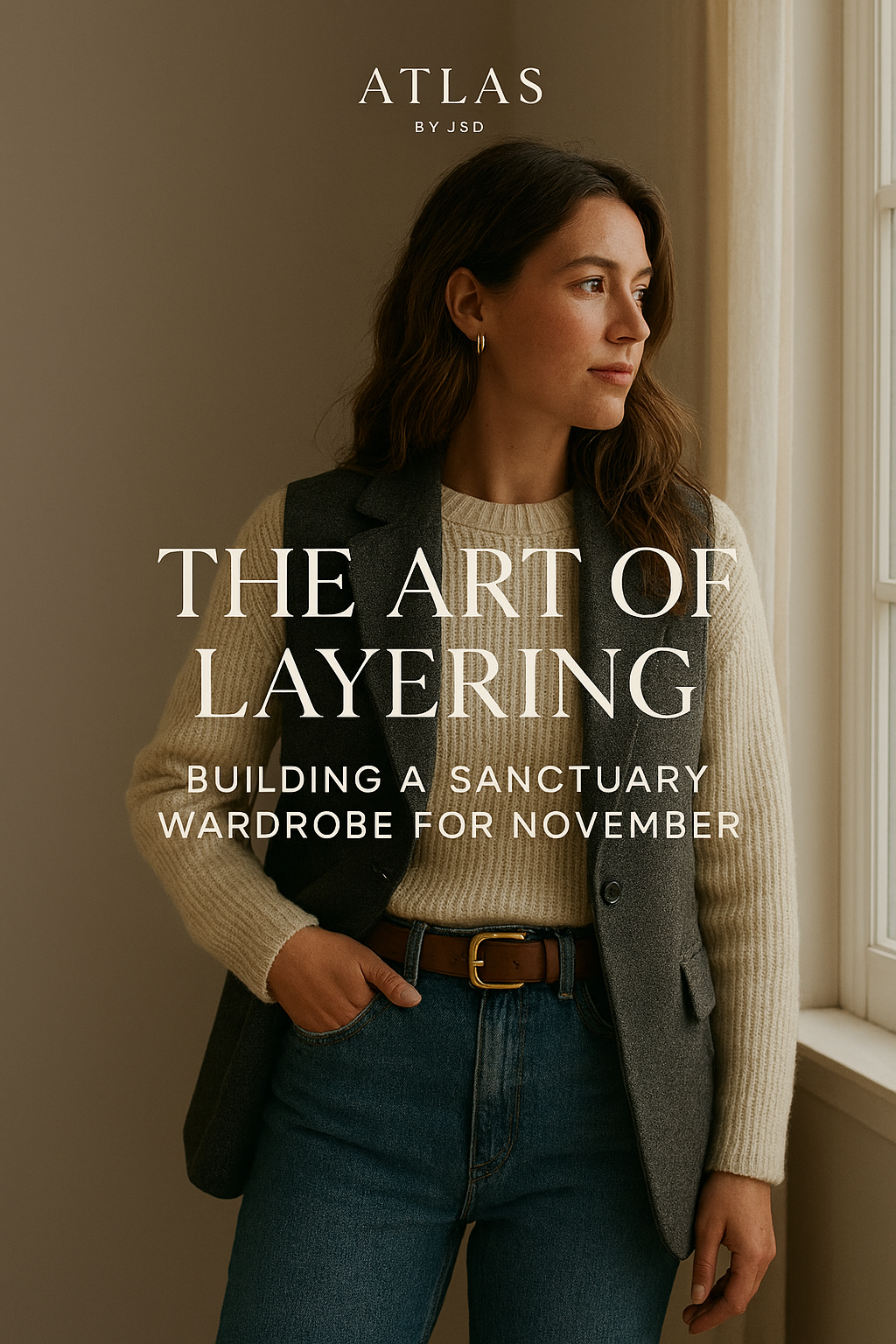 Woman standing in soft autumn light wearing a cream knit sweater layered under a charcoal vest, paired with medium-wash denim and a sculptural belt—styled in Atlas by J&D’s sanctuary wardrobe tone.