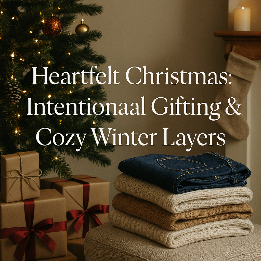 Cozy Christmas scene with a decorated tree, folded winter layers—denim and knits—and wrapped gifts, styled to evoke intentional gifting and seasonal warmth.