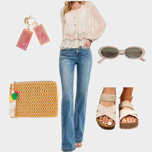 outfit put together including earrings, handbag, slides, sunglasses, jeans and off-white top