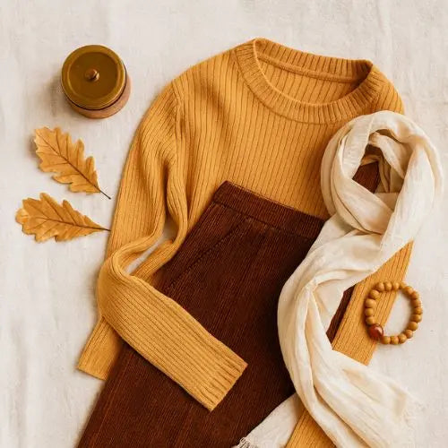 Flat lay of autumn fashion essentials on a cream linen background, featuring a mustard ribbed sweater, brown corduroy skirt, cream scarf, amber candle, dried oak leaves, and a wooden bead bracelet—styled to evoke warmth, intention, and seasonal comfort