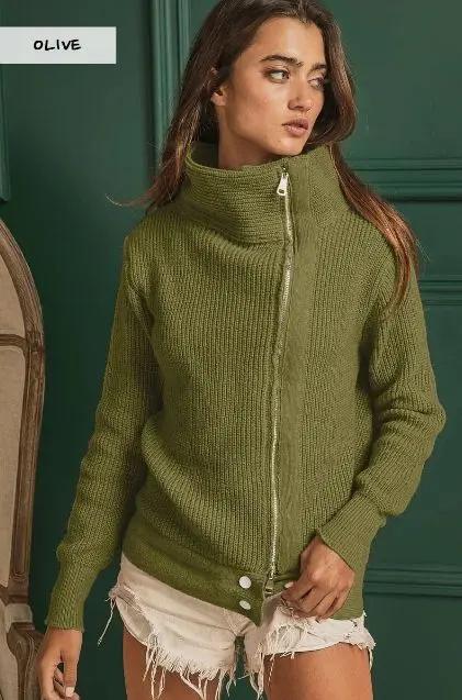 Olive ribbed zip sweater with fold-over collar and sculptural knit texture — women’s boutique outerwear by Atlas by J&D.