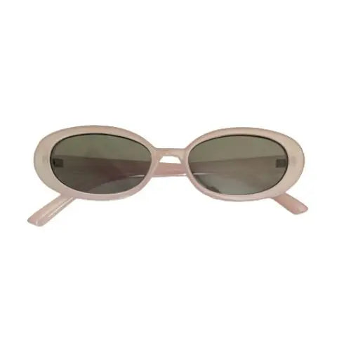 Oval blush pink sunglasses with slim frame and dark lenses — Atlas by J&D women’s boutique accessories.