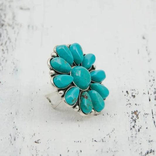 Profile view of turquoise and silver floral ring showing raised petal design — boutique handcrafted jewelry by Atlas by J&D.