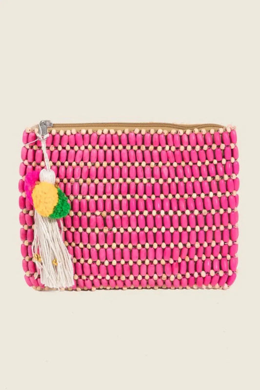 Picture of a small eco conscious handcrafted bag made of pink wooden pieces.