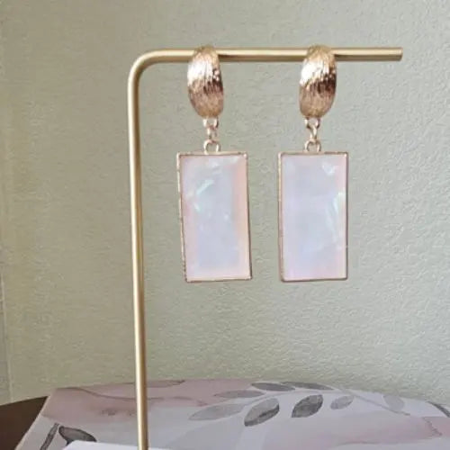 Gold hoop earrings with rectangular iridescent pendants — Atlas by J&D women’s boutique jewelry.