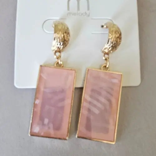 Pink and gold dangle earrings with rectangular marbled pendants on jewelry card — modern boutique accessories by Atlas by J&D.