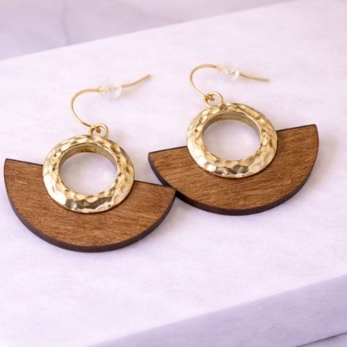 Hammered Gold & Wood Half-Moon Earrings (Brown)