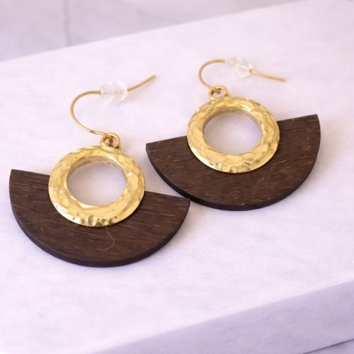 Hammered Gold & Wood Half-Moon Earrings (Dark Brown)