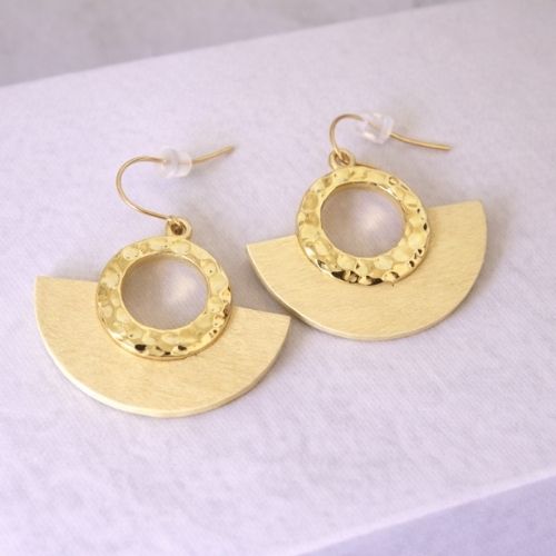 Hammered Gold & Wood Half-Moon Earrings (Tan)