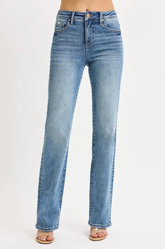 Light blue straight leg jeans on a white background