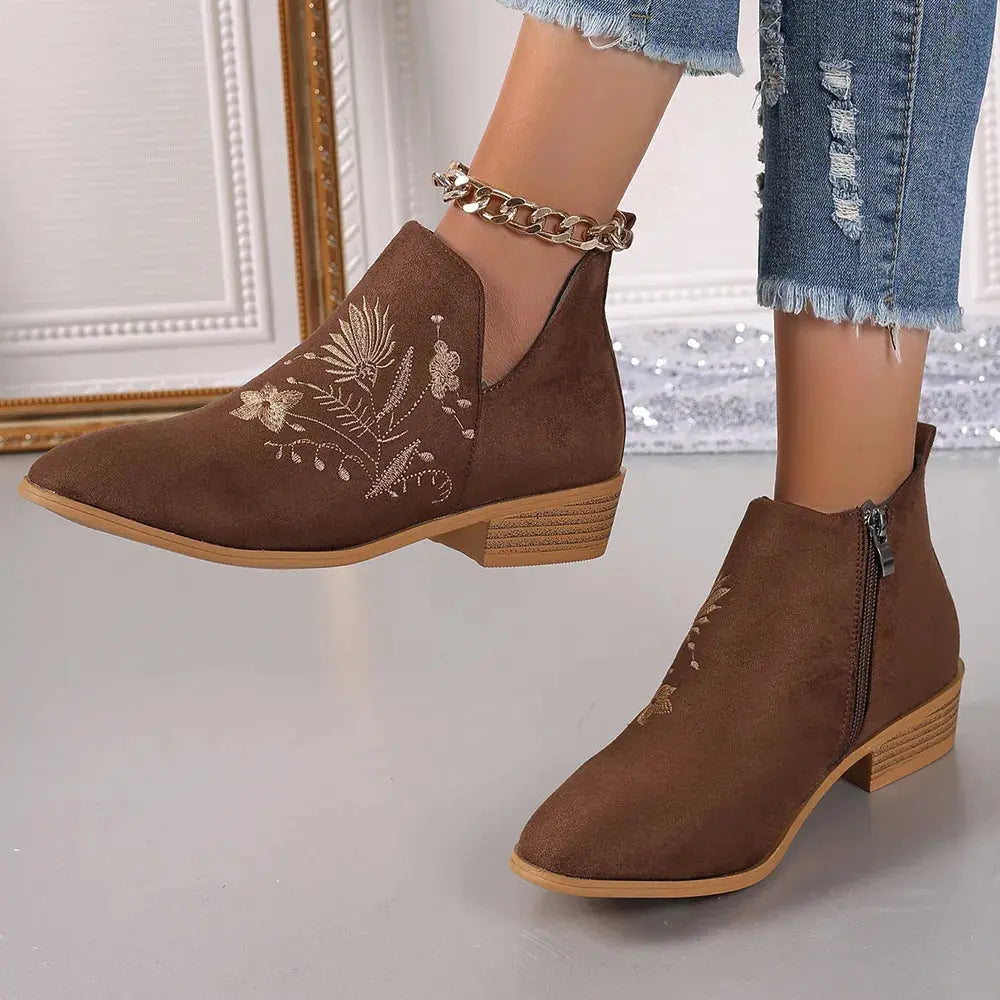 Brown suede ankle boots with floral embroidery on a neutral background.