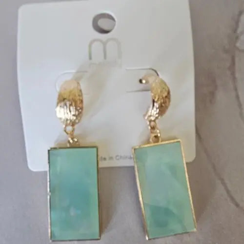 Soft green and gold dangle earrings with rectangular marbled pendants on jewelry card — modern boutique accessories by Atlas by J&D.