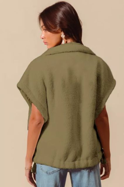 Olive green oversized sleeveless vest viewed from the back showing relaxed fit and straight hemline.