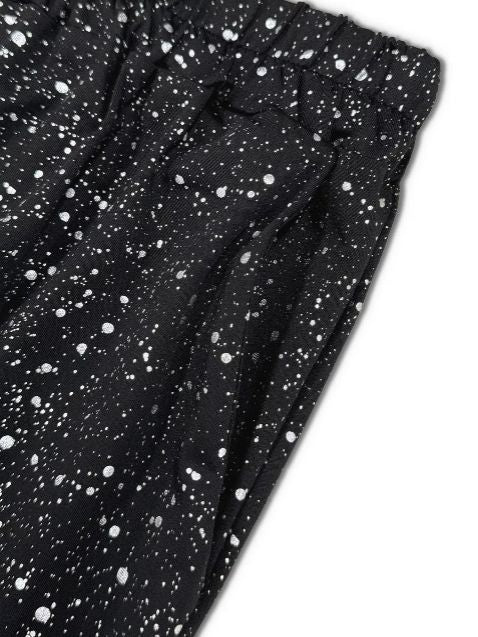 Close view of black glitter jogger pants featuring sleek fit and shimmering finish.