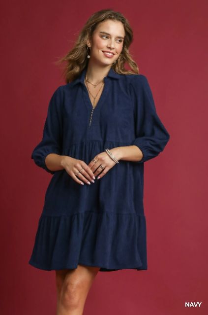 Navy tiered mini dress with v-neckline and flowy silhouette — women’s boutique dress from Atlas by J&D