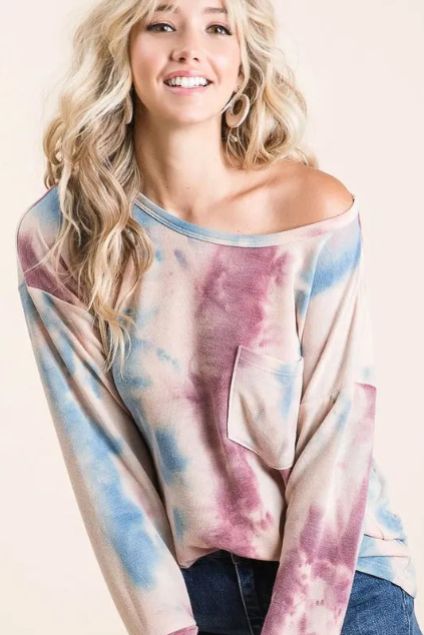 Pastel tie dye long sleeve top worn off the shoulder showing a relaxed fit and easy everyday styling.