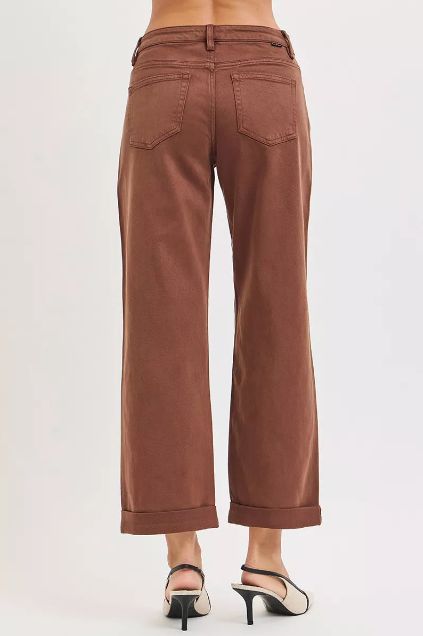 Back view of Risen cocoa brown straight jeans with a clean high rise fit and rolled cuffs.