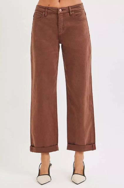 Risen ccocoa brown high rise straight jeans shown from a full-body angle with a clean rolled cuff.