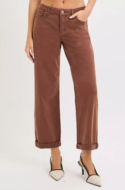 High rise Risen straight jeans in a rich cocoa brown with a relaxed leg and cuffed hem.