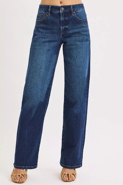 High rise Risen wide leg jeans in a deep medium wash with a relaxed, full-length silhouette.