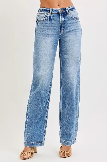 Risen light wash high rise barrel jeans shown in a full-body front angle with a soft, easy drape.